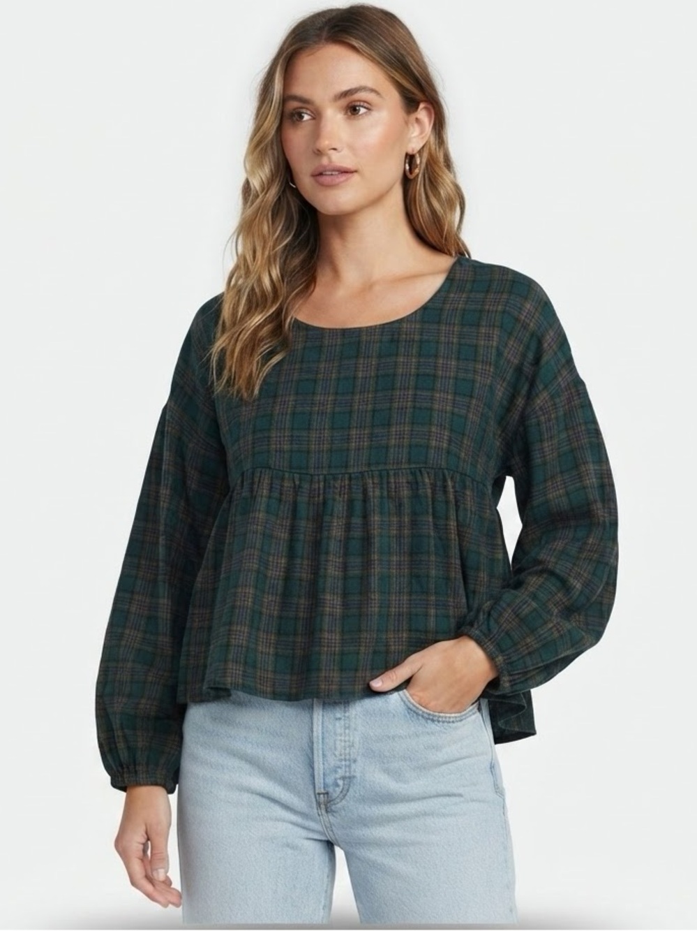Chelsea & Violet Olive Green Plaid Babydoll Peplum Blouse Small NWT